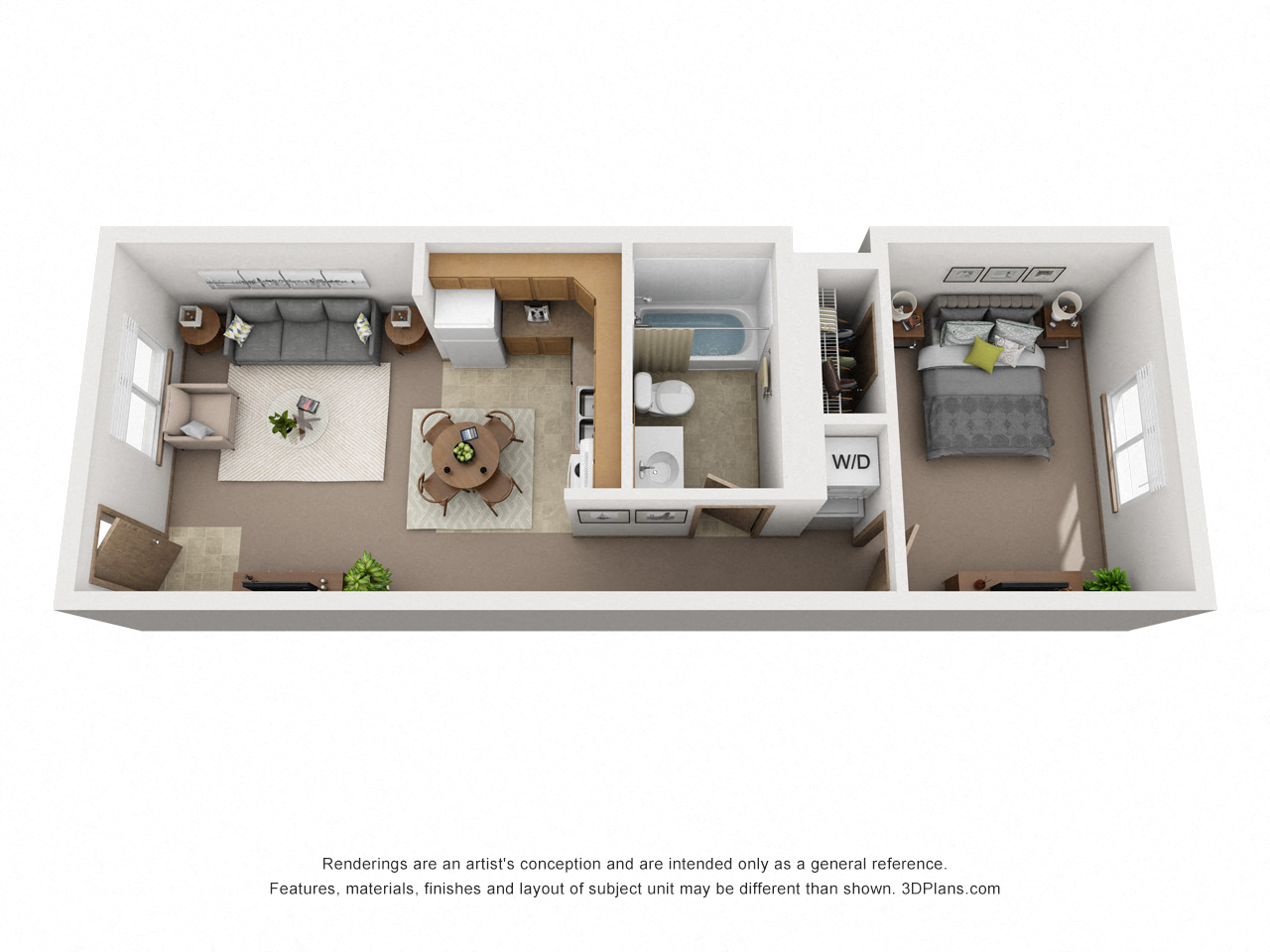 Floor plan for 1 bed, 1 bath, 530 sqft